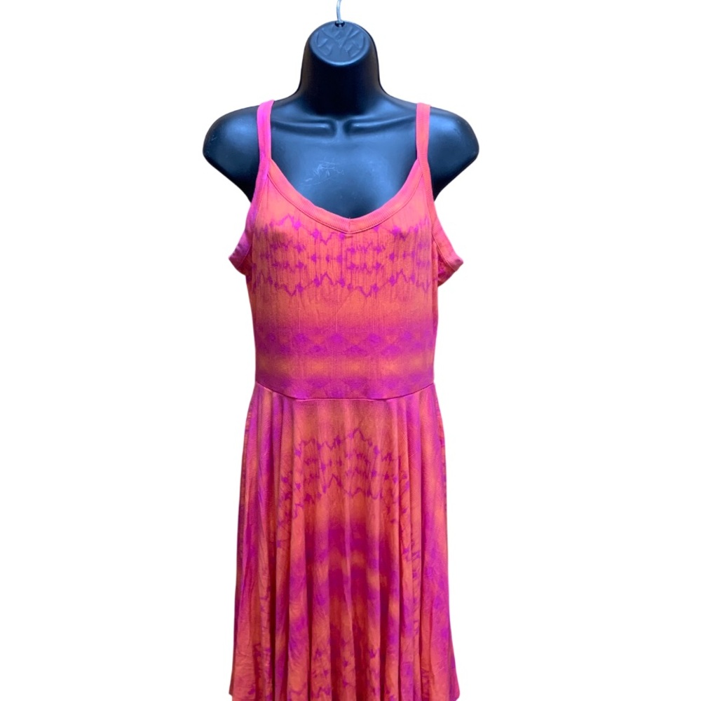 Kenar Sleeveless Ribbed V-Neck Skater Dress Orange Pink Geometric Print Medium